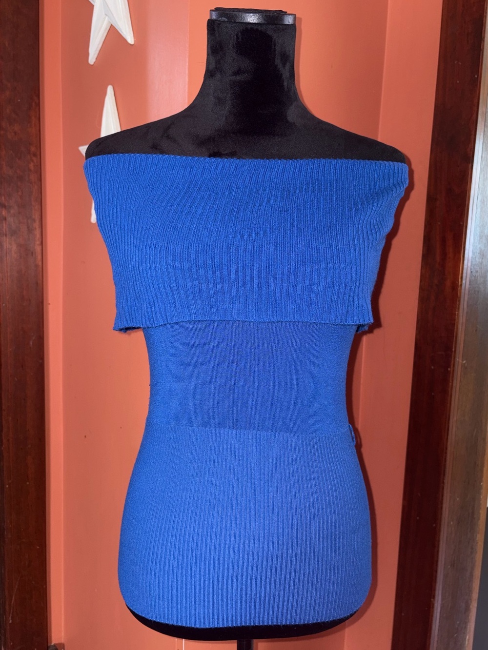 Grass Collection two-way Cowl-Off-Shoulder Ribbed Knit Top in Royal Blue